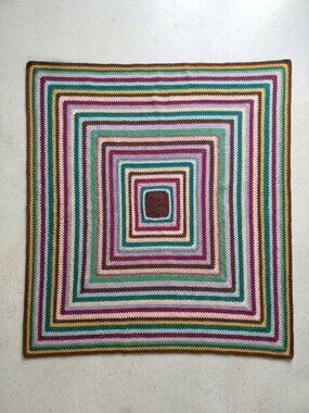 Hand Knit Granny Square Stripe Crochet Blanket - Boho Earth Tones  80" x 74"